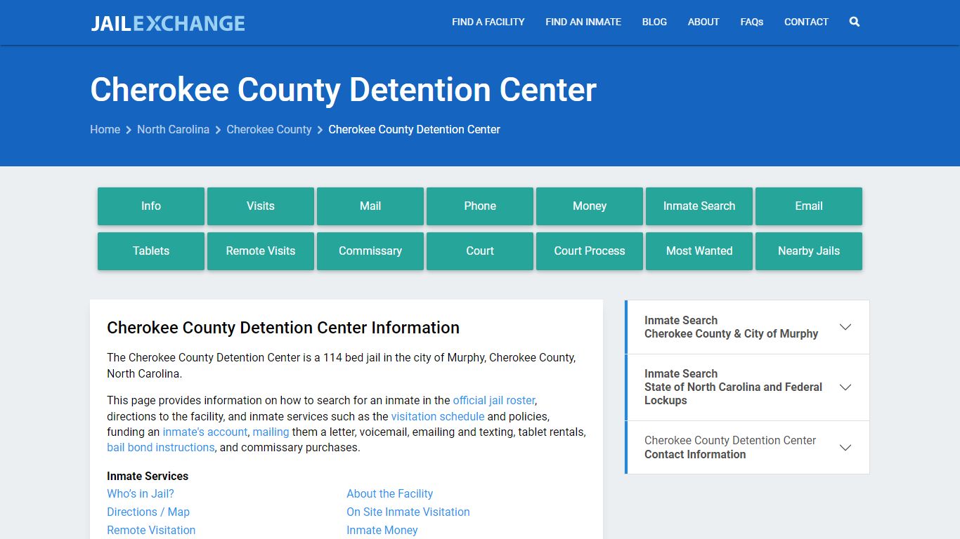 Cherokee County Detention Center, NC Inmate Search, Information
